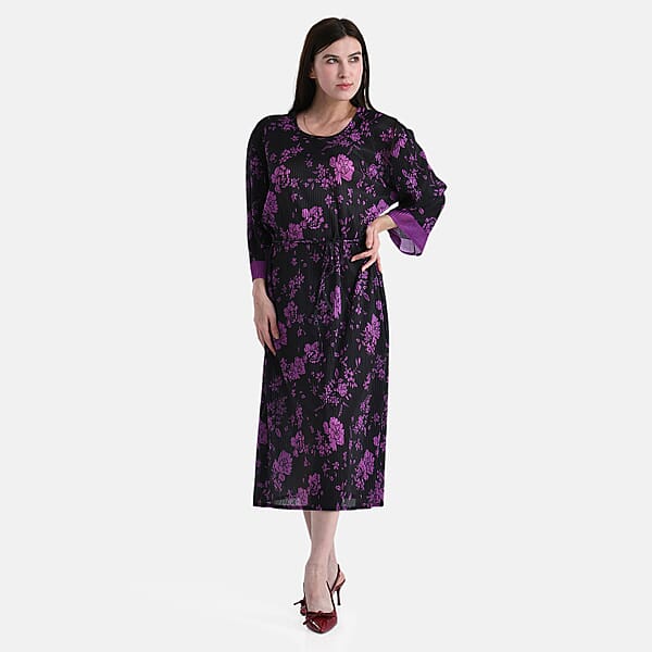 TAMSY Purple Pleated 3/4 Sleeve Midi Dress With Waist Tie Belt - One Size Fits Most