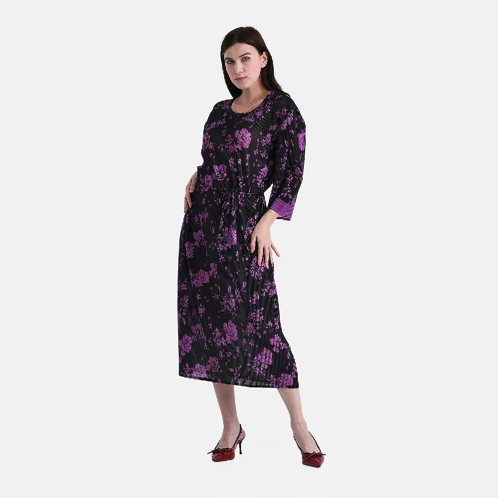 TAMSY Purple Pleated 3/4 Sleeve Midi Dress with Waist Tie Belt - One Size Fits Most