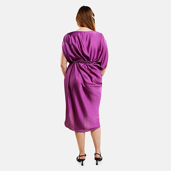 Tamsy Purple Satin Drape Dress With Removable Rose Stretch Belt – One Size Fits Most
