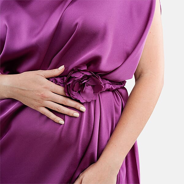 Tamsy Purple Satin Drape Dress With Removable Rose Stretch Belt – One Size Fits Most