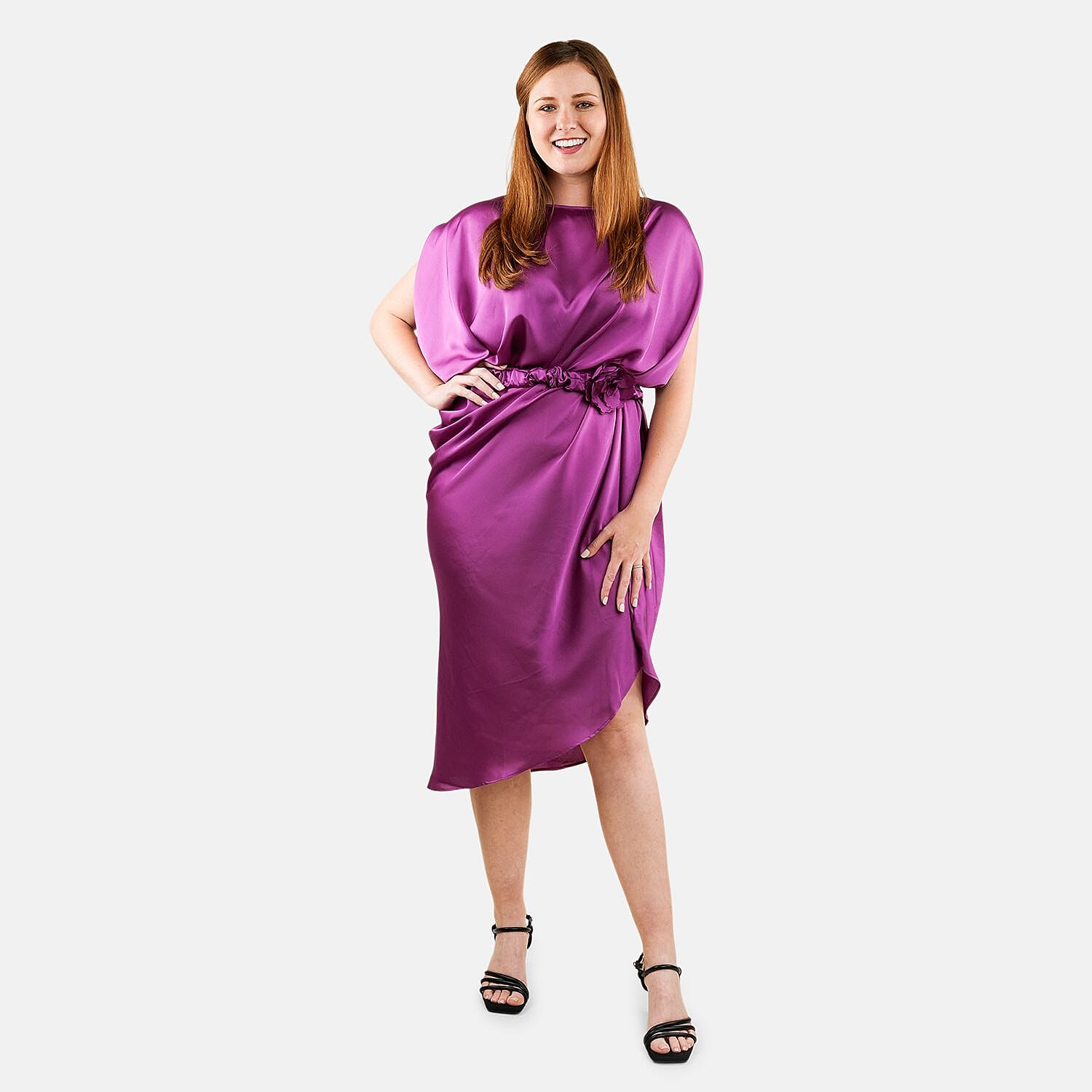 Tamsy Purple Satin Drape Dress with Removable Rose Stretch Belt – One Size Fits Most