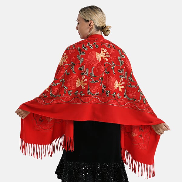 TAMSY Red Botanical Soft Woven Embroidered Scarf With Tassels – One Size