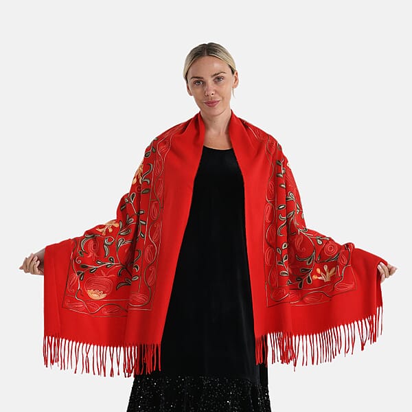 TAMSY Red Botanical Soft Woven Embroidered Scarf With Tassels – One Size