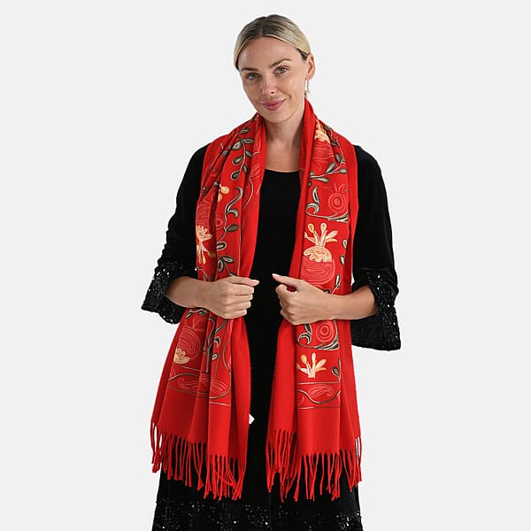 TAMSY Red Botanical Soft Woven Embroidered Scarf With Tassels – One Size