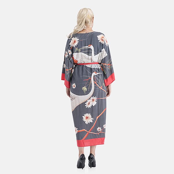 TAMSY Red Crane Placement Print Kimono With Fabric Belt - One Size Fits Most