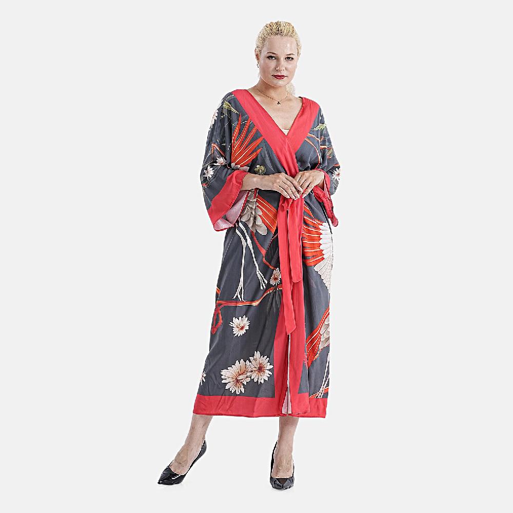 TAMSY Red Crane Placement Print Kimono with Fabric Belt - One Size Fits Most