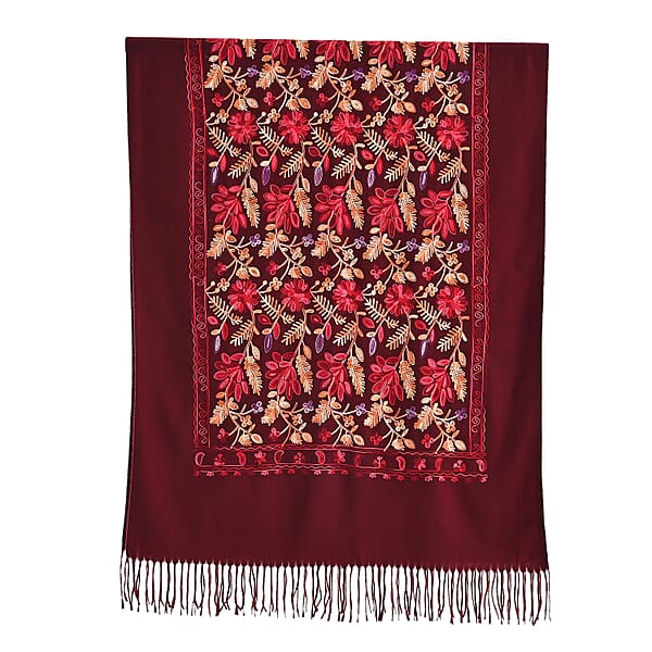 Tamsy Red Embroidered Polyester Woven Scarf With Fringe – One Size