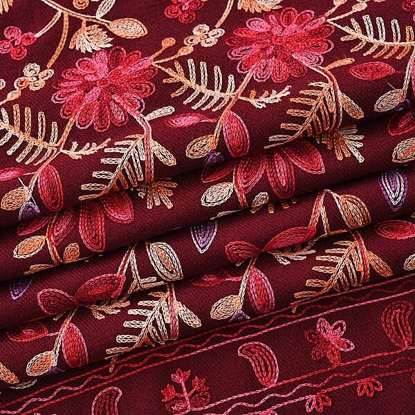 Tamsy Red Embroidered Polyester Woven Scarf With Fringe – One Size