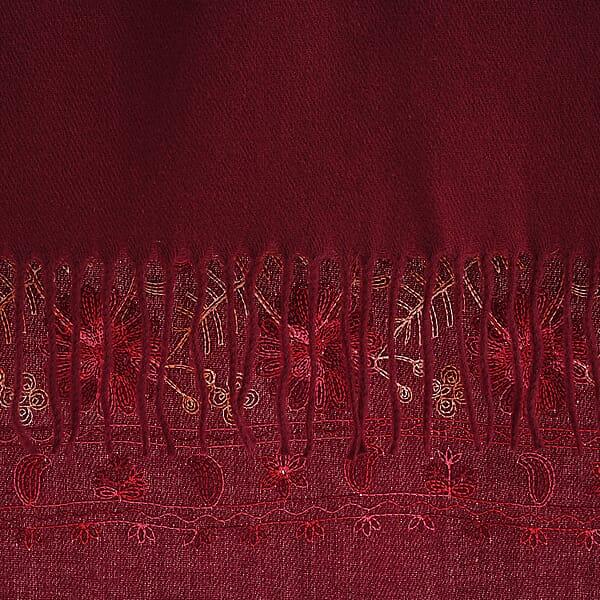 Tamsy Red Embroidered Polyester Woven Scarf With Fringe – One Size