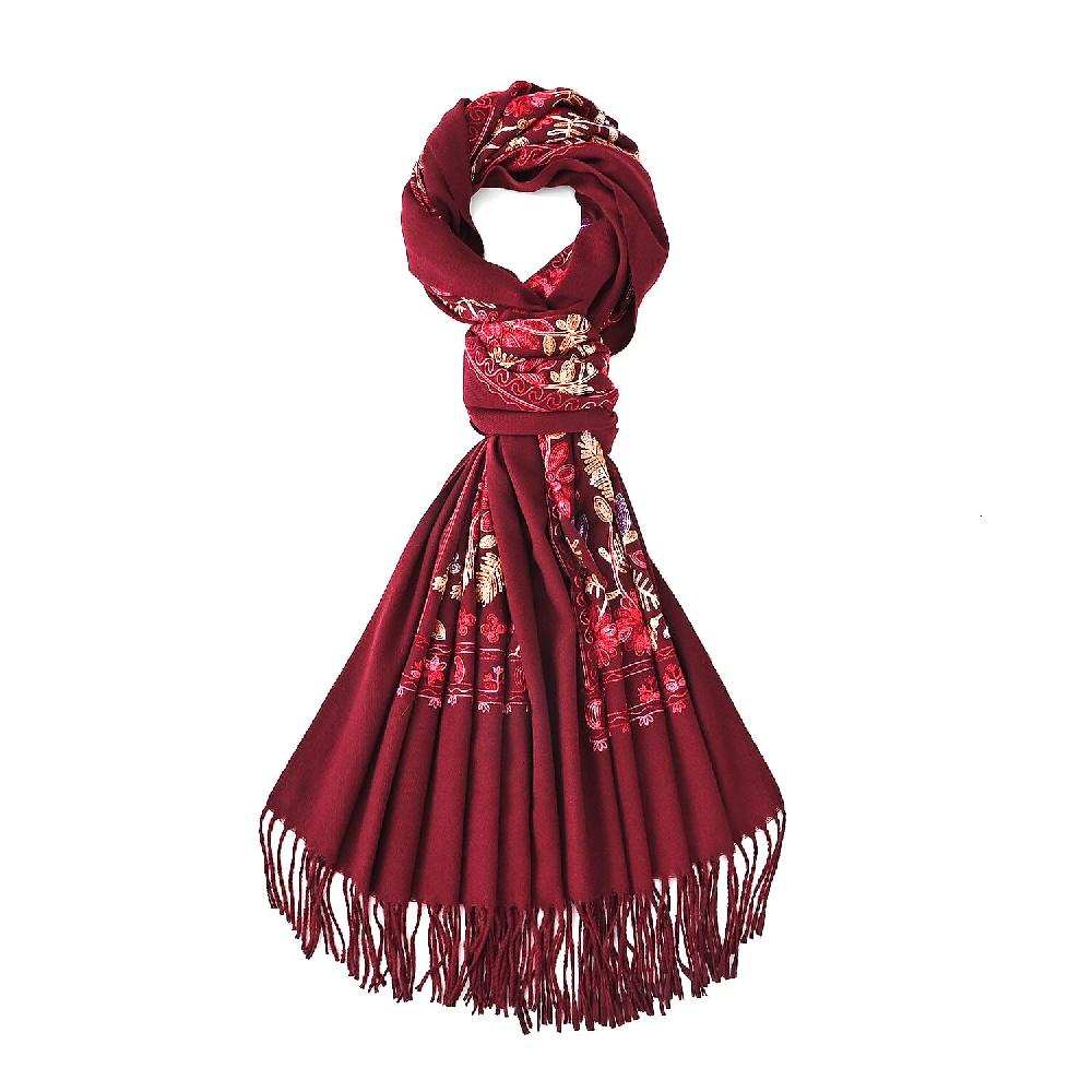Tamsy Red Embroidered Polyester Woven Scarf with Fringe – One Size