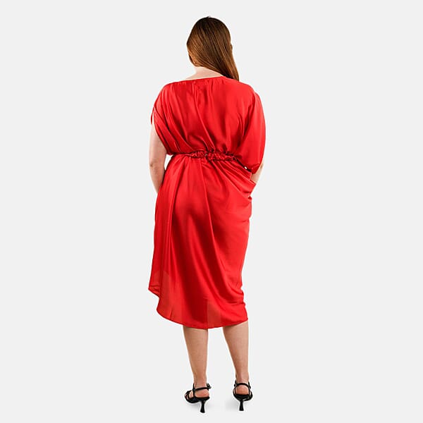 Tamsy Red Satin Drape Dress With Removable Rose Stretch Belt – One Size Fits Most