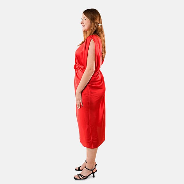 Tamsy Red Satin Drape Dress With Removable Rose Stretch Belt – One Size Fits Most