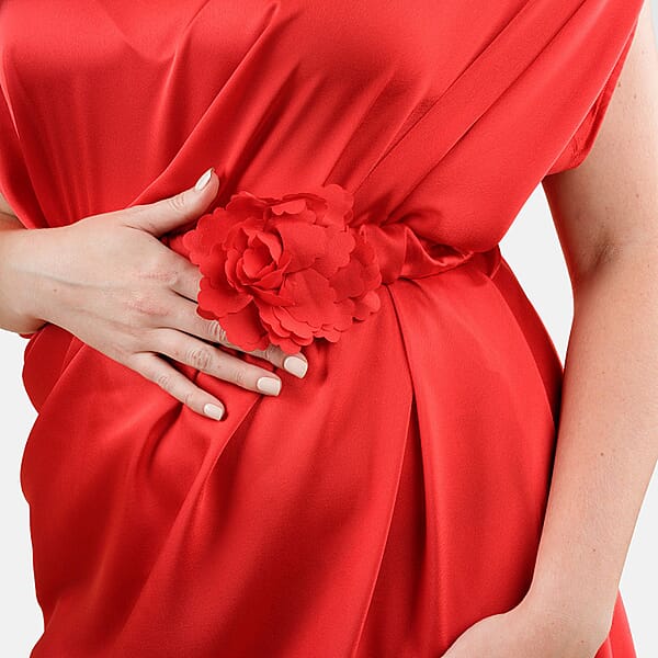 Tamsy Red Satin Drape Dress With Removable Rose Stretch Belt – One Size Fits Most
