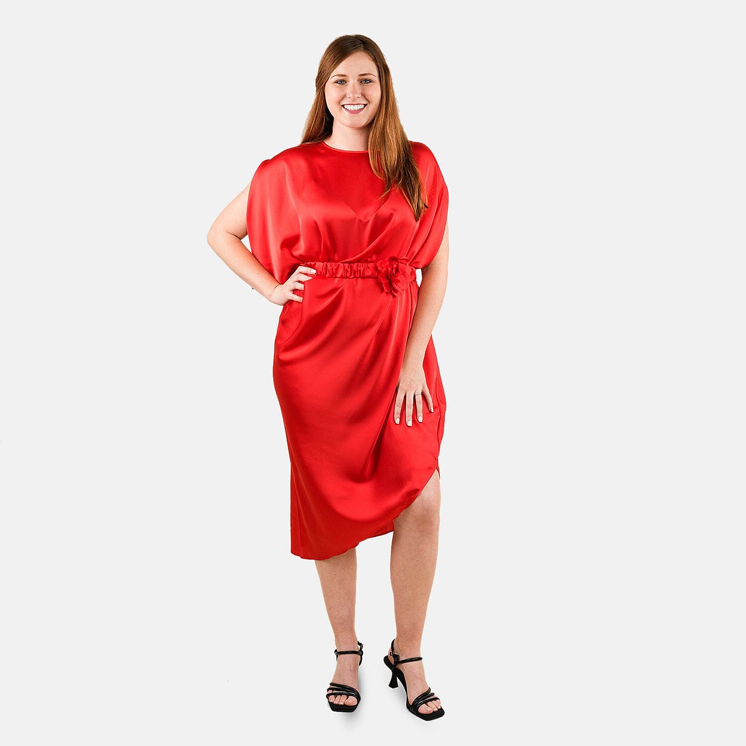 Tamsy Red Satin Drape Dress with Removable Rose Stretch Belt – One Size Fits Most