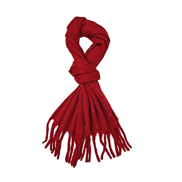 TAMSY Red Soft Plush Scarf With Crystal Embellishment And Fringe– One Size