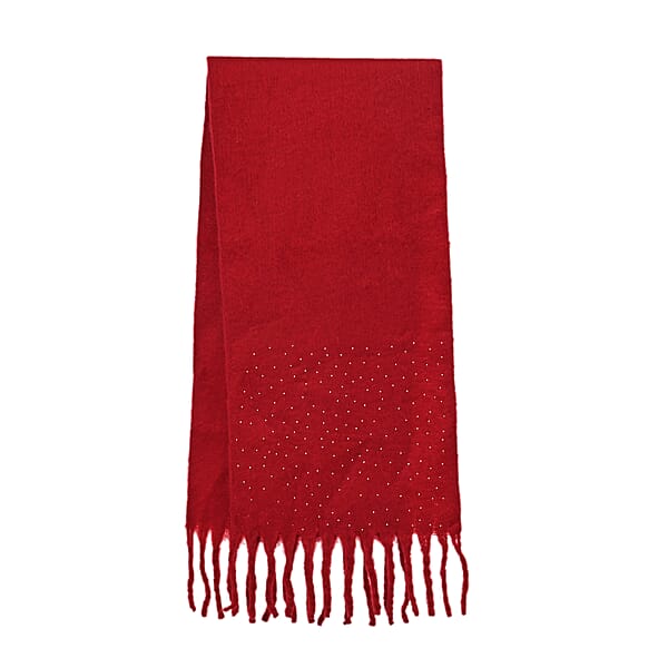 TAMSY Red Soft Plush Scarf With Crystal Embellishment And Fringe– One Size