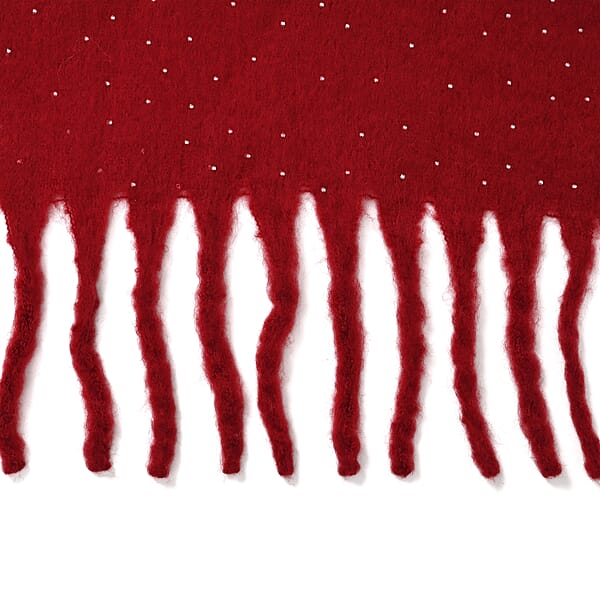 TAMSY Red Soft Plush Scarf With Crystal Embellishment And Fringe– One Size