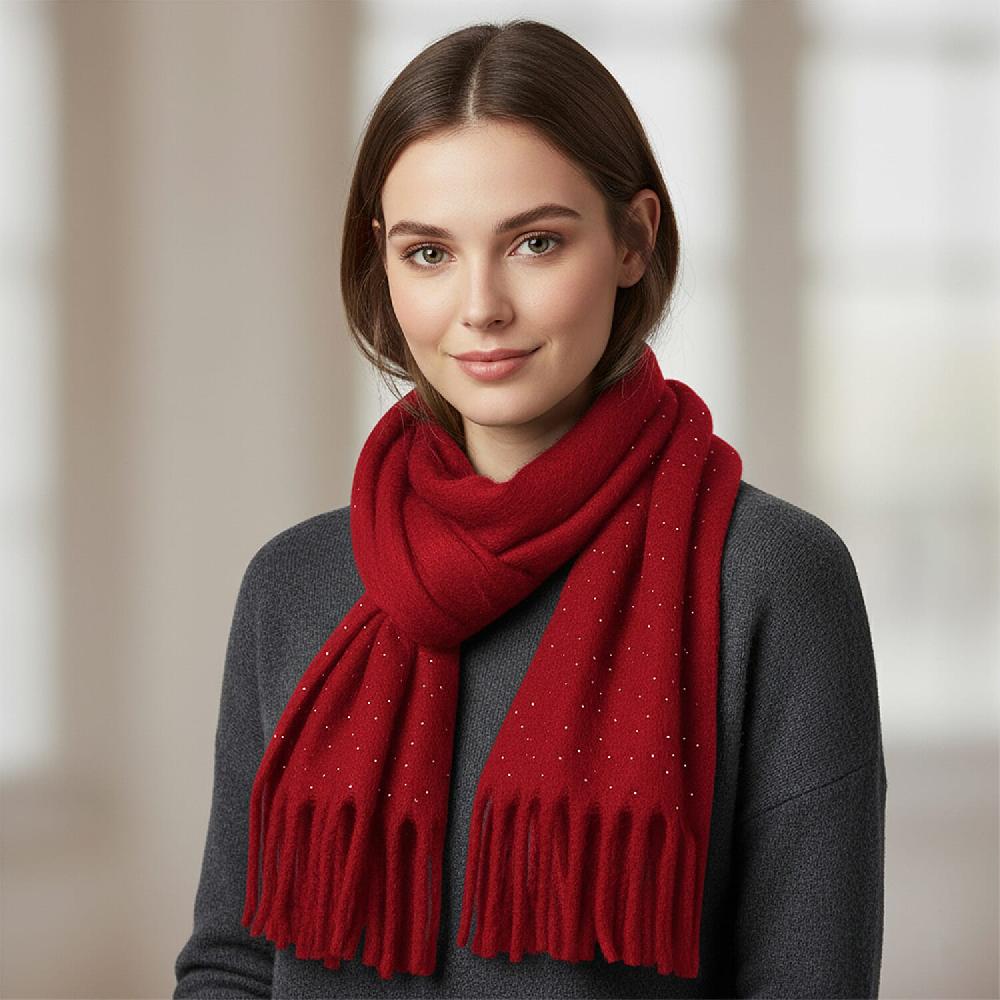 TAMSY Red Soft Plush Scarf with Crystal Embellishment and Fringe– One Size