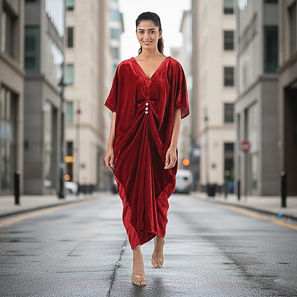 TAMSY Red Stretch Velvet Drape Kaftan Dress With Front Button Detail- One Size Fits Most