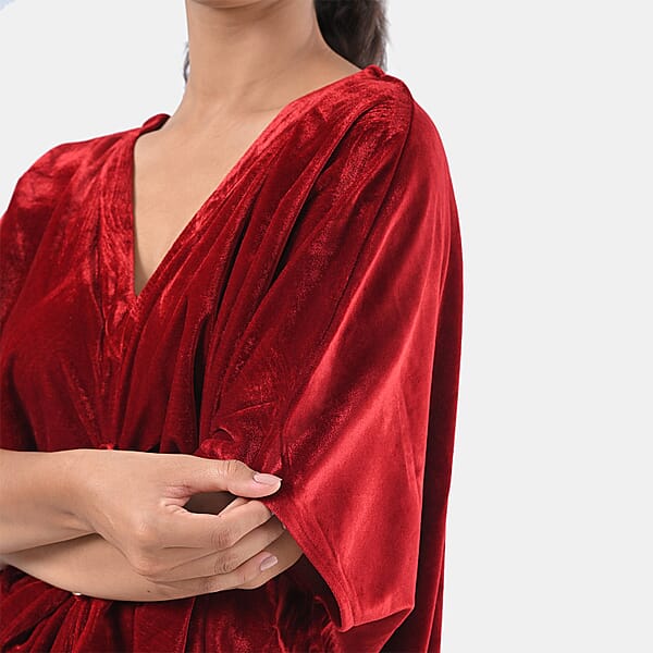 TAMSY Red Stretch Velvet Drape Kaftan Dress With Front Button Detail- One Size Fits Most