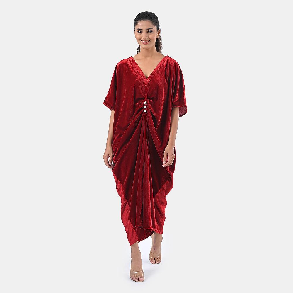 TAMSY Red Stretch Velvet Drape Kaftan Dress with Front Button Detail- One Size Fits Most