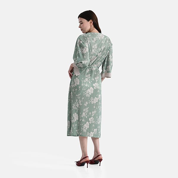 TAMSY Sage Green Pleated 3/4 Sleeve Midi Dress With Waist Tie Belt - One Size Fits Most