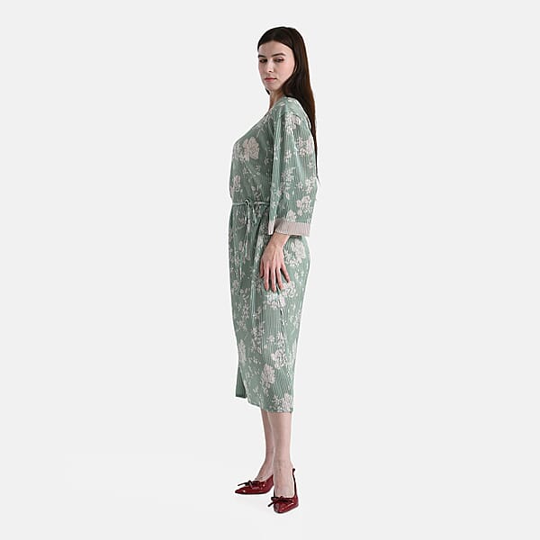 TAMSY Sage Green Pleated 3/4 Sleeve Midi Dress With Waist Tie Belt - One Size Fits Most