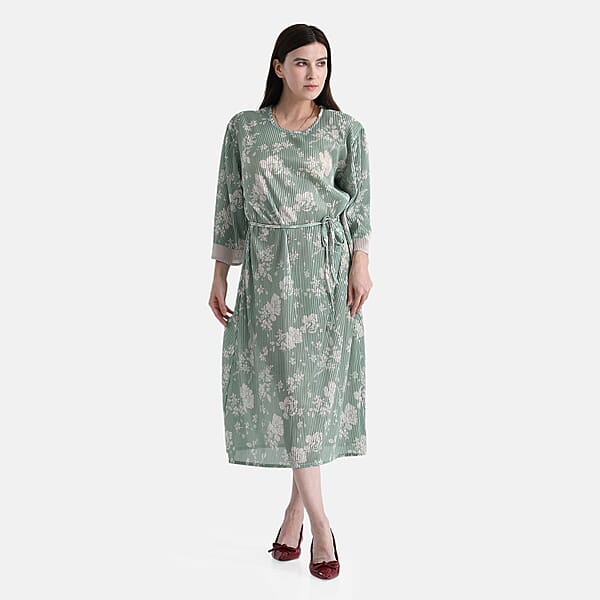 TAMSY Sage Green Pleated 3/4 Sleeve Midi Dress With Waist Tie Belt - One Size Fits Most