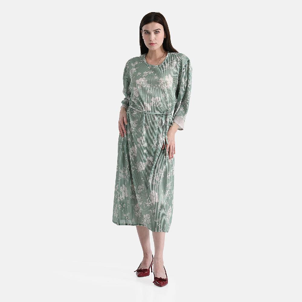 TAMSY Sage Green Pleated 3/4 Sleeve Midi Dress with Waist Tie Belt - One Size Fits Most