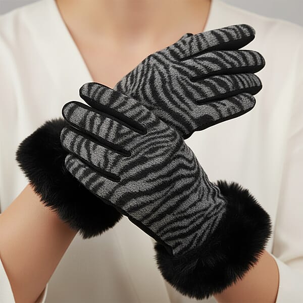 Tamsy Set Of 2 Pairs Grey Zebra Printed Gloves With Touch Screen Function