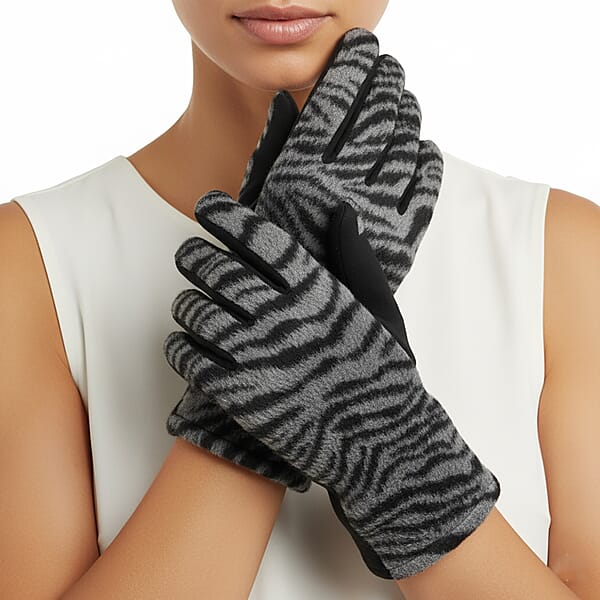 Tamsy Set Of 2 Pairs Grey Zebra Printed Gloves With Touch Screen Function