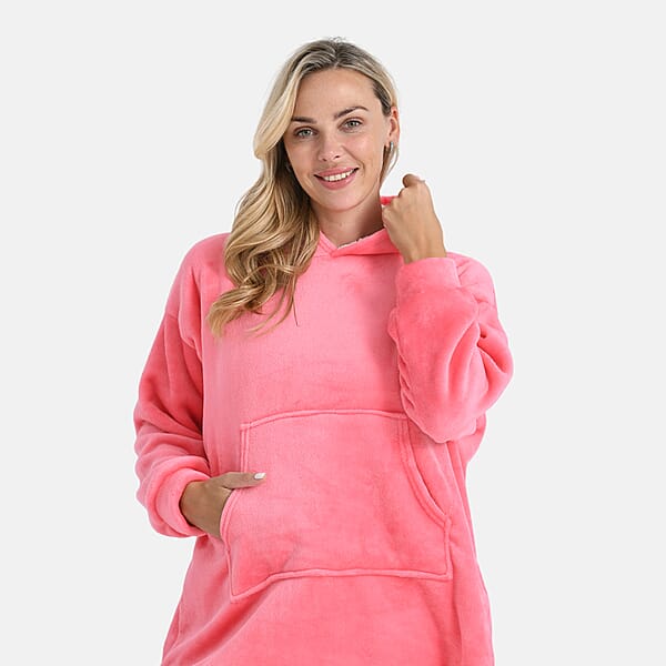 Tamsy Set Of 2 Pink Solid And Black Plaid Pattern Fleece Hoodie Sweater Blanket With Kangaroo Pocket