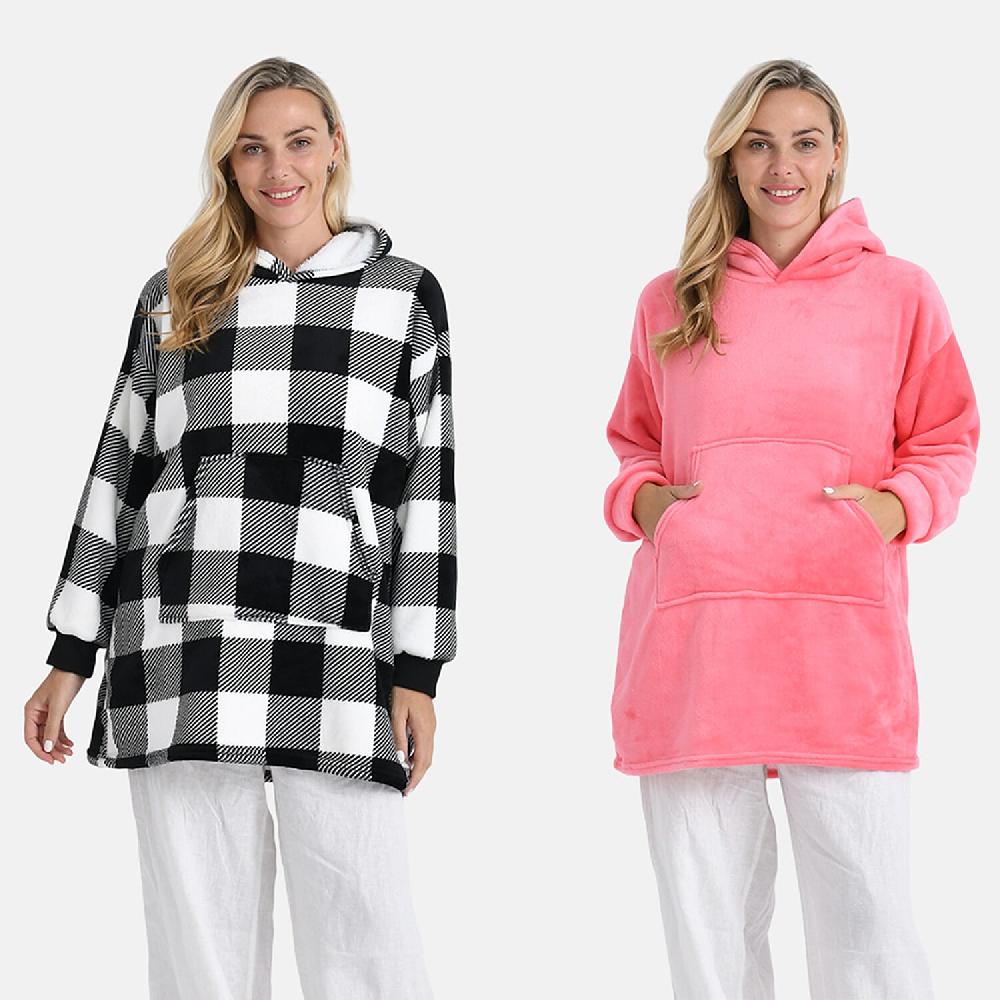 Tamsy Set of 2 Pink Solid and Black Plaid Pattern Fleece Hoodie Sweater Blanket with Kangaroo Pocket