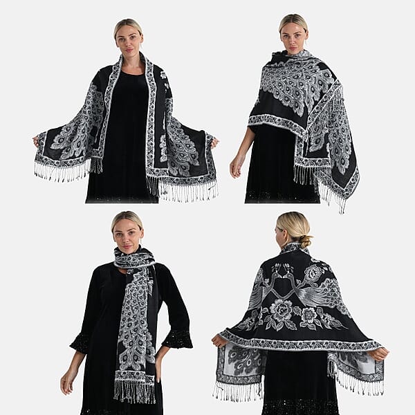 TAMSY Set Of 3 Black Red Teal Peacock Woven Scarves – One Size
