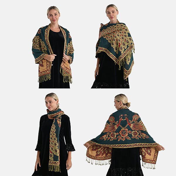 TAMSY Set Of 3 Black Red Teal Peacock Woven Scarves – One Size