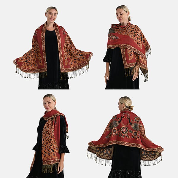 TAMSY Set Of 3 Black Red Teal Peacock Woven Scarves – One Size