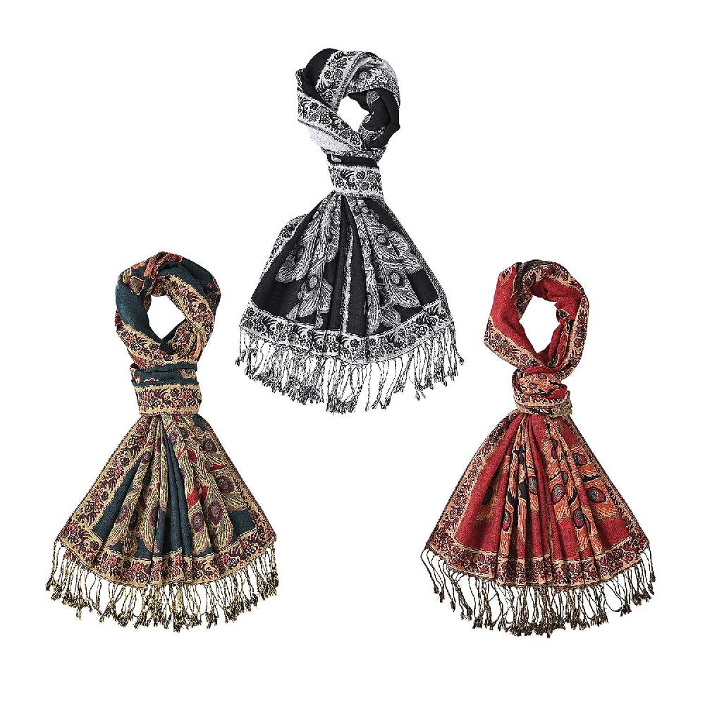 TAMSY Set of 3 Black Red Teal Peacock Woven Scarves – One Size
