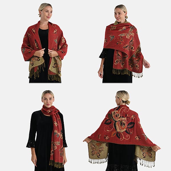 Tamsy Set Of 3 Red Navy And Black Printed Polyester Scarf