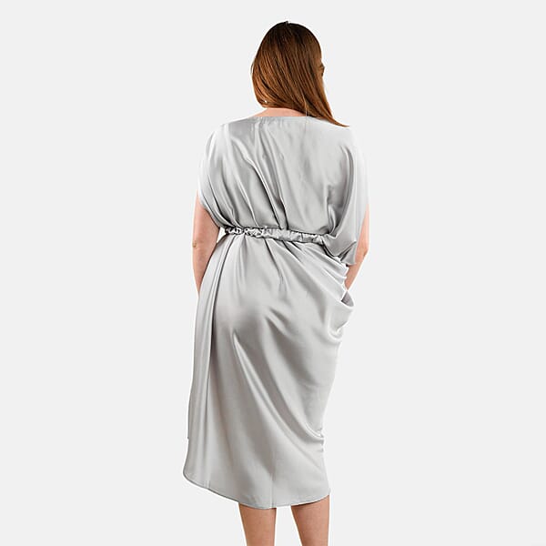 Tamsy Silver Satin Drape Dress With Removable Rose Stretch Belt – One Size Fits Most