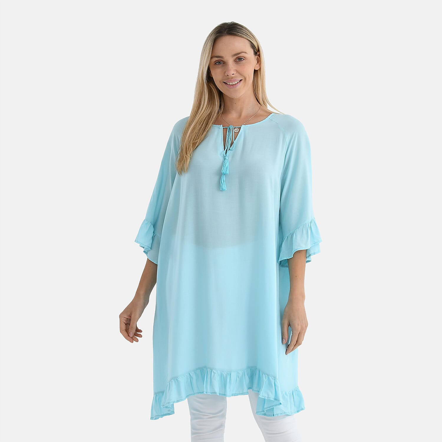 Tamsy Sky Blue Ruffle Hem Blouse with Tassel Neck Tie - One Size Fits Most