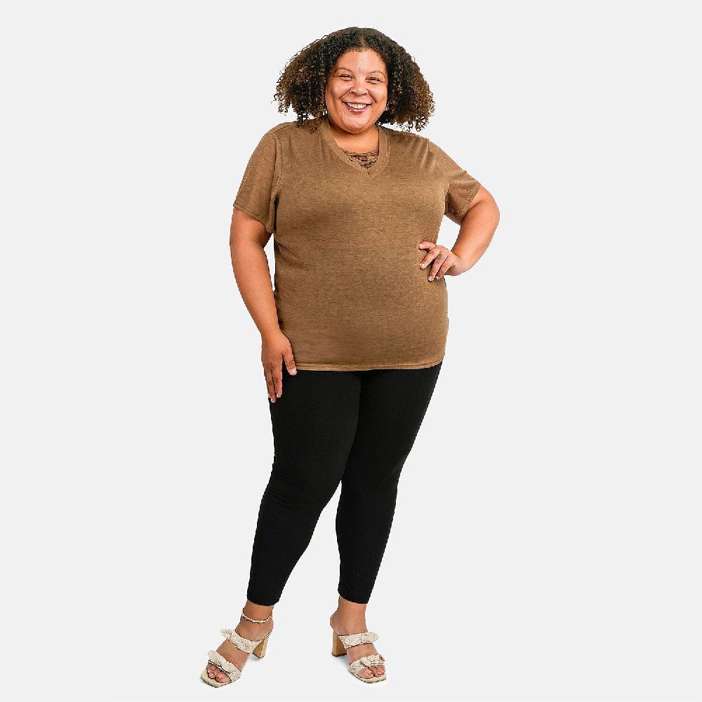 Tamsy Tan Cross Front Slub Knit T-shirt - One Size Missy