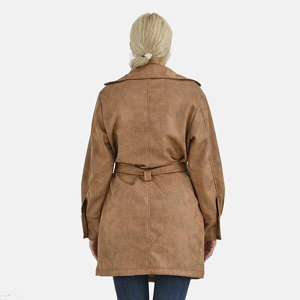 Tamsy Tan Double-Breasted Faux Suede Trench Coat With Belt - M