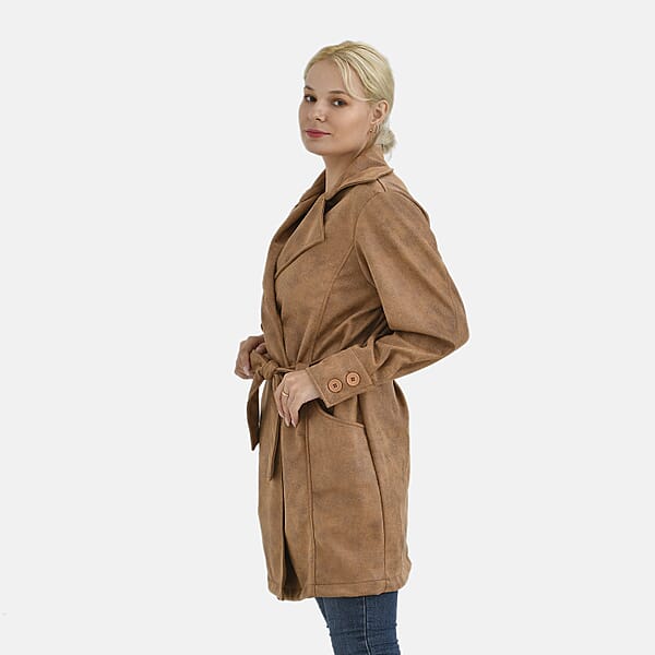 Tamsy Tan Double-Breasted Faux Suede Trench Coat With Belt - M