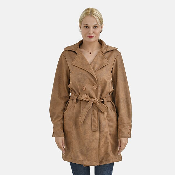 Tamsy Tan Double-Breasted Faux Suede Trench Coat With Belt - M
