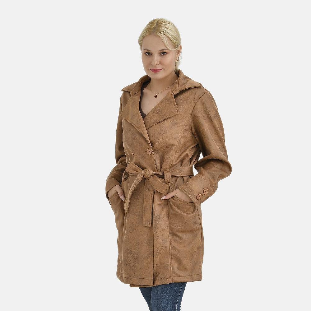 Tamsy Tan Double-Breasted Faux Suede Trench Coat with Belt - M