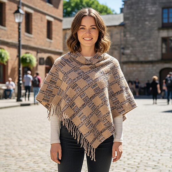 TAMSY Tan Large Checkered Knit Poncho With Fringe - One Size Fits Most