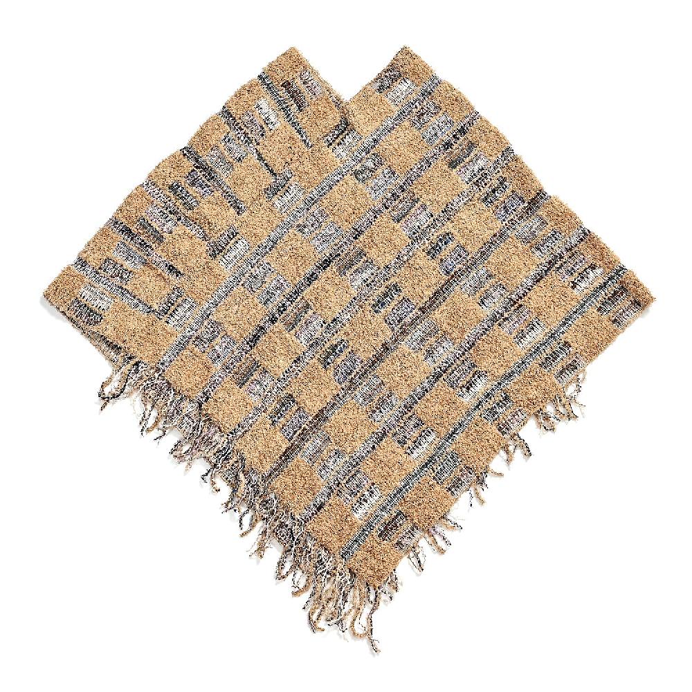 TAMSY Tan Large Checkered Knit Poncho with Fringe - One Size Fits Most