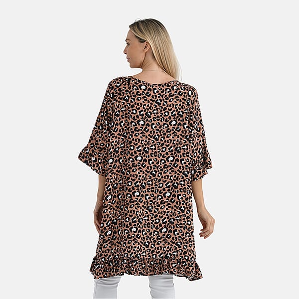 Tamsy Tan Leopard Ruffle Hem Blouse With Tassel Neck Tie - One Size Fits Most