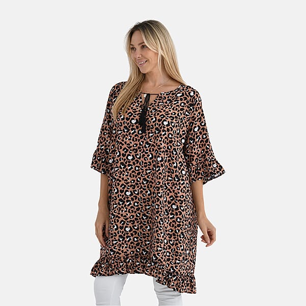 Tamsy Tan Leopard Ruffle Hem Blouse With Tassel Neck Tie - One Size Fits Most