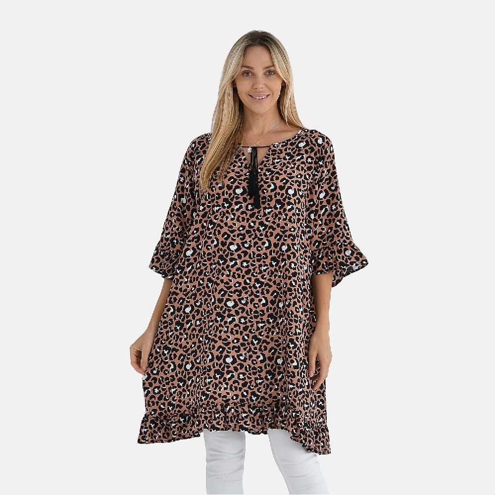 Tamsy Tan Leopard Ruffle Hem Blouse with Tassel Neck Tie - One Size Fits Most
